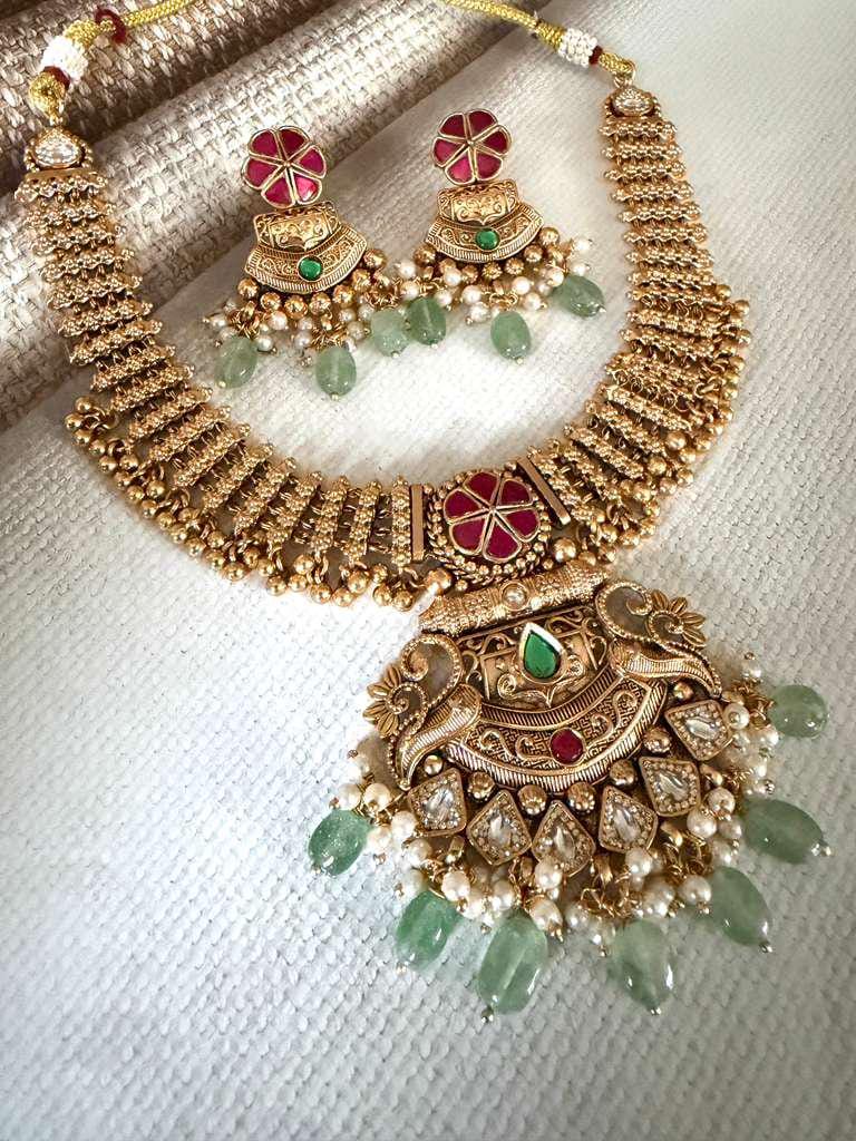 Traditional Statement Necklace, Antique Inspired Bridal Jewelry Set, Ethnic Wedding Necklace with Earrings