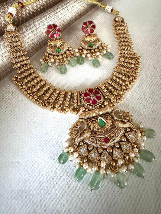 Traditional Statement Necklace, Antique Inspired Bridal Jewelry Set, Ethnic Wedding Necklace with Earrings