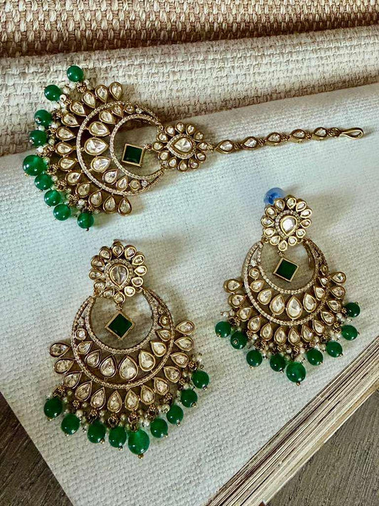 Kundan Chandbali Earrings with Maang Tikka , Traditional Bridal Jewelry Set, Polki Kundan monzonite Ethnic Wedding Jewelry