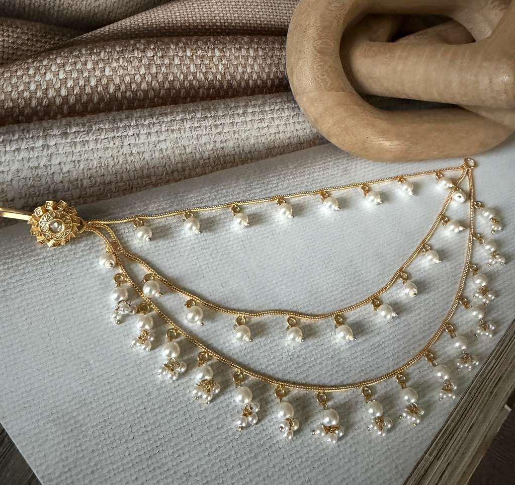 Layered Pearl Hair Chain, Bridal Matha Patti, Gold Tone Wedding Jewelry
