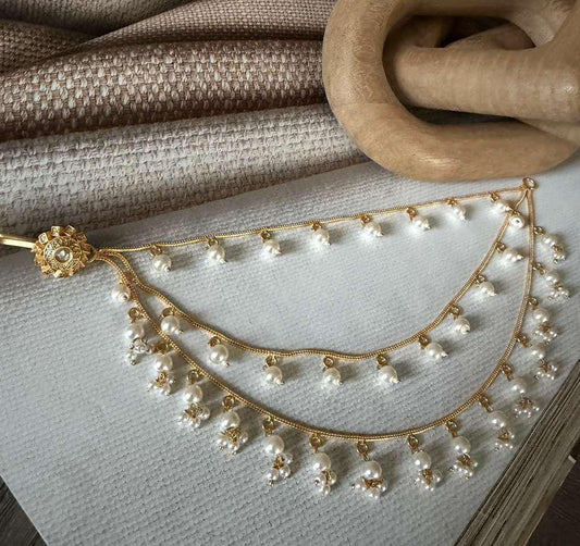 Layered Pearl Hair Chain, Bridal Matha Patti, Gold Tone Wedding Jewelry