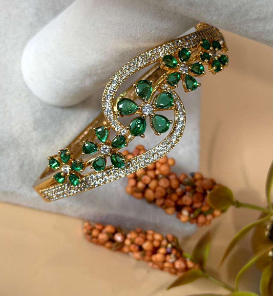 Emerald Floral Cuff Bracelet for Women, Statement Crystal Bangle, Open Bracelet, Bridal Jewelry