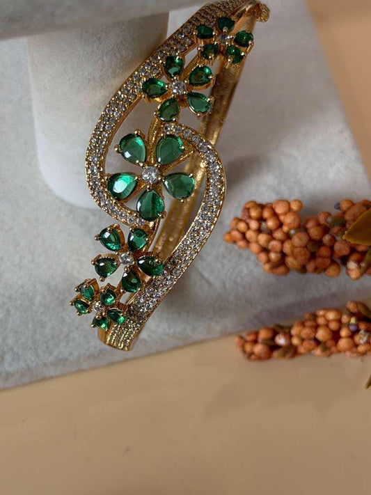 Emerald Floral Cuff Bracelet for Women, Statement Crystal Bangle, Open Bracelet, Bridal Jewelry
