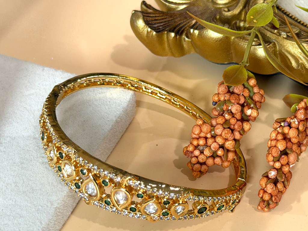 Kundan Open Cuff Bracelet for Women, Crystal Statement Bangle, Traditional Bridal Bracelet