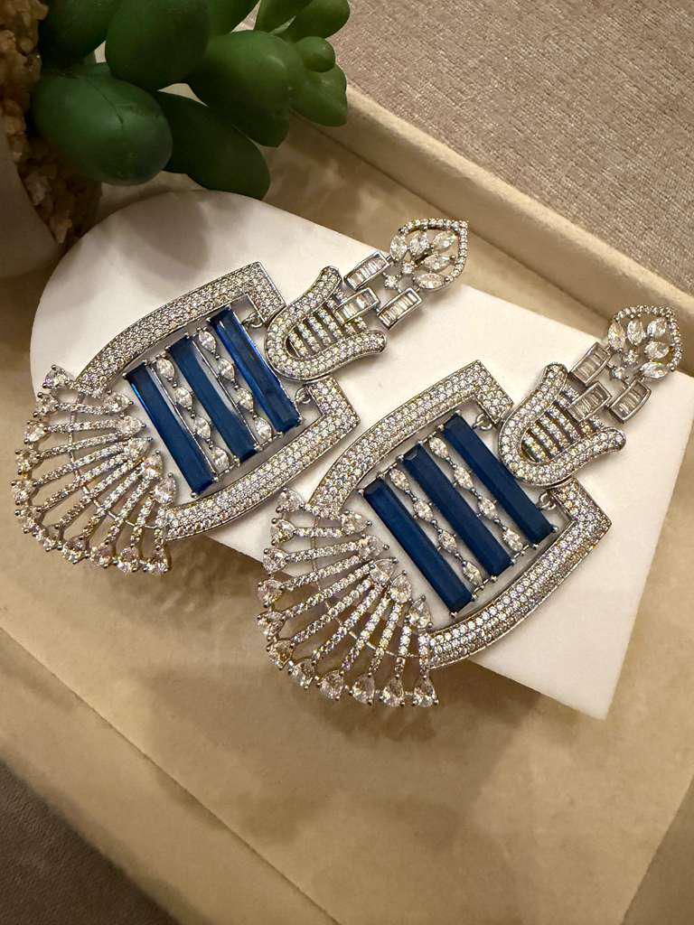 Gold Plated Sapphire Blue Statement Earrings, CZ Geometric Drop Earrings