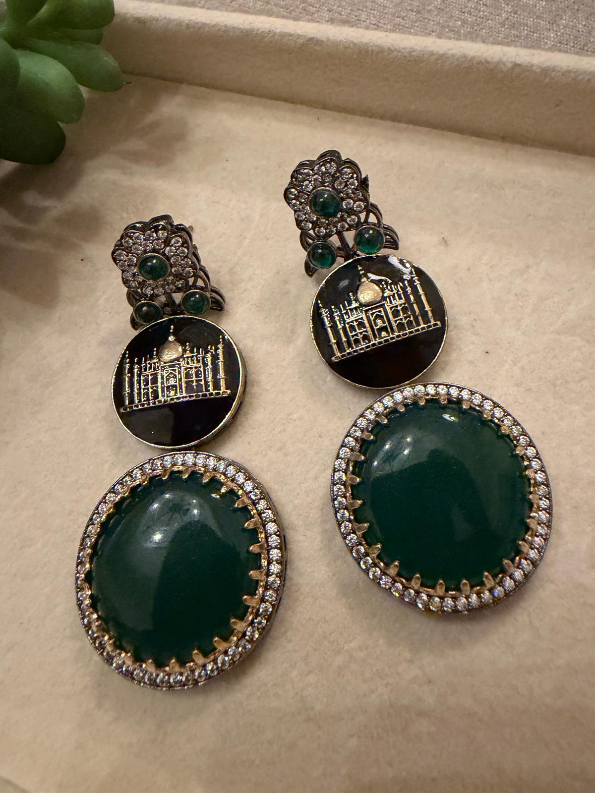 Gold Plated Taj Mahal Statement Earrings, Green Gemstone Earrings