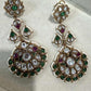 Gold Plated Kundan Chandbali Earrings, Green Stone Statement Earrings