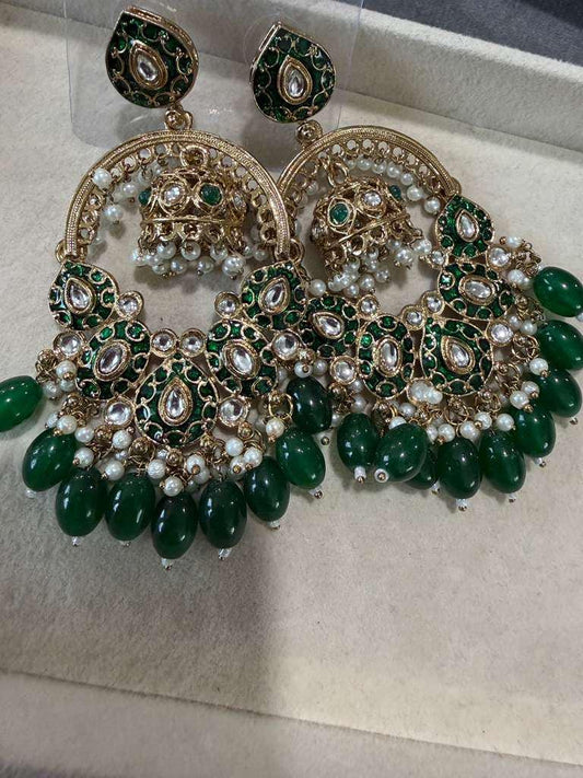 Gold Plated Green Chandbali Jhumka Earrings, Kundan Style Statement Earrings