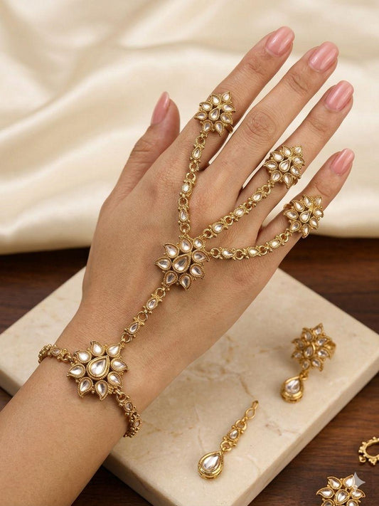 Floral Hathphool Hand Harness Bracelet, Kundan Style Hand Chain, Bridal Jewelry
