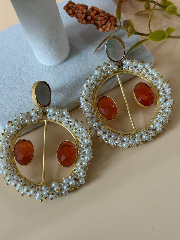 Pearl Hoop Statement Earrings for Women, Beaded Circle Drop Earrings, Bridal Party