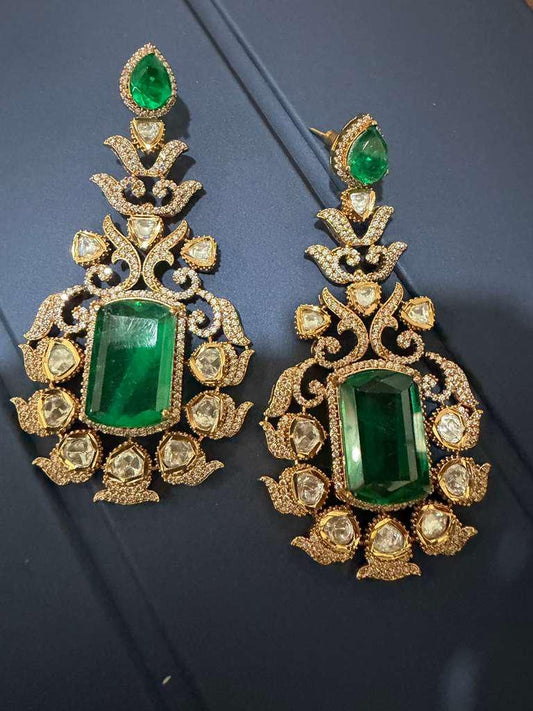 Gold Plated Emerald Green Statement Earrings, Kundan Style Bridal Earrings