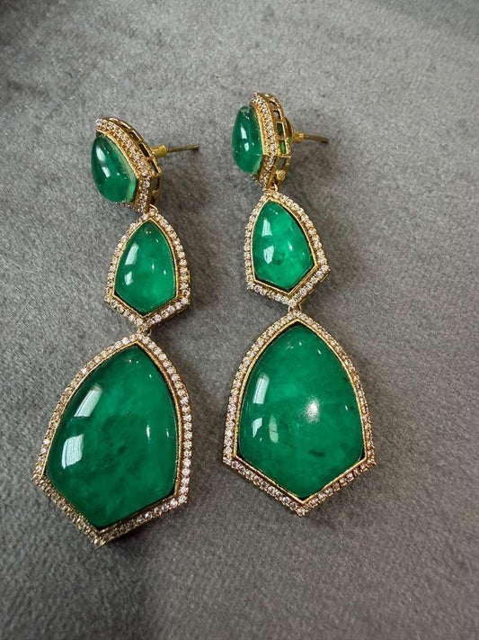 Gold Plated Emerald Green Statement Earrings, Luxury Drop Earrings