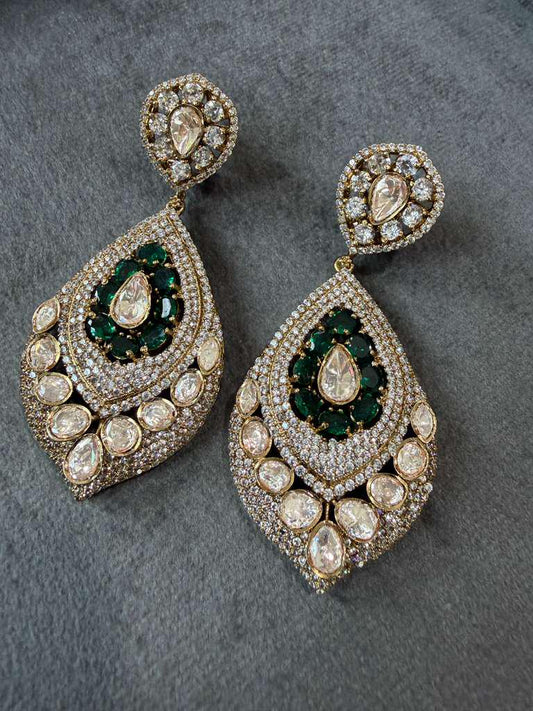 Gold Plated Emerald Green Statement Earrings, Designer Bridal Earrings