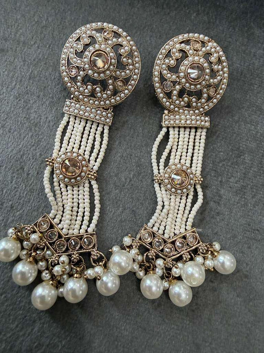 Gold Plated Pearl Tassel Earrings, Designer Bridal Statement Earrings