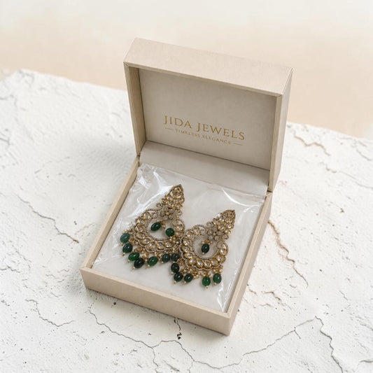 Women’s Kundan Chandbali Earrings, Green Beaded Statement Earrings