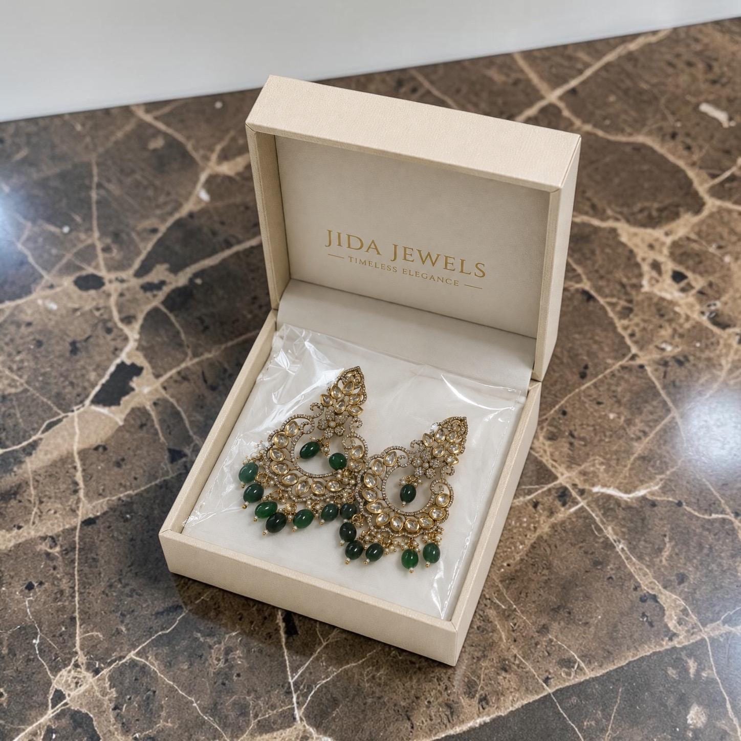 Women’s Kundan Chandbali Earrings, Green Beaded Statement Earrings