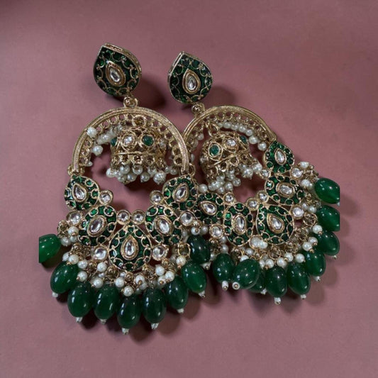 Gold Plated Green Chandbali Jhumka Earrings, Kundan Style Statement Earrings
