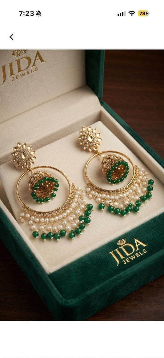 Gold Plated Hoop Jhumka Earrings, Green Beaded Chandbali Earrings