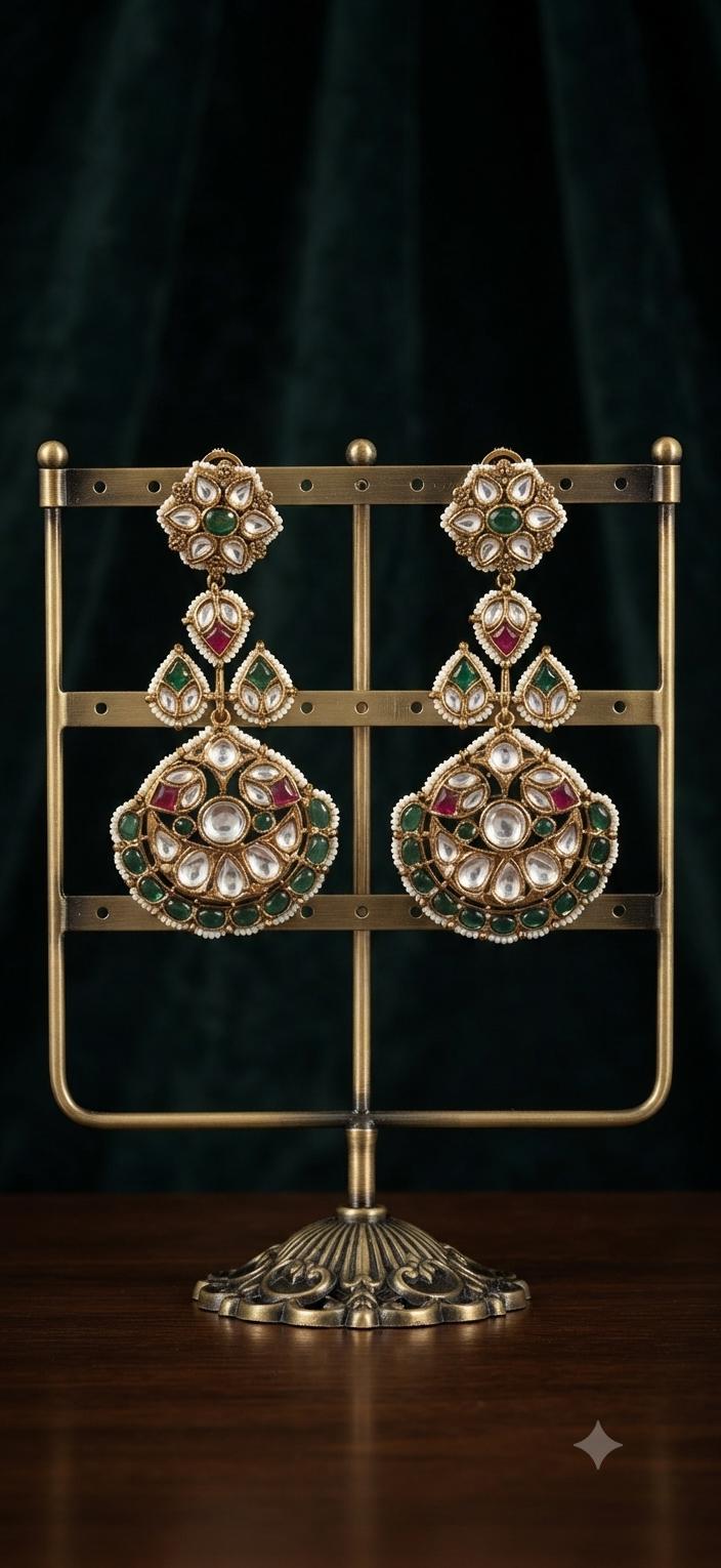 Gold Plated Kundan Chandbali Earrings, Green Stone Statement Earrings
