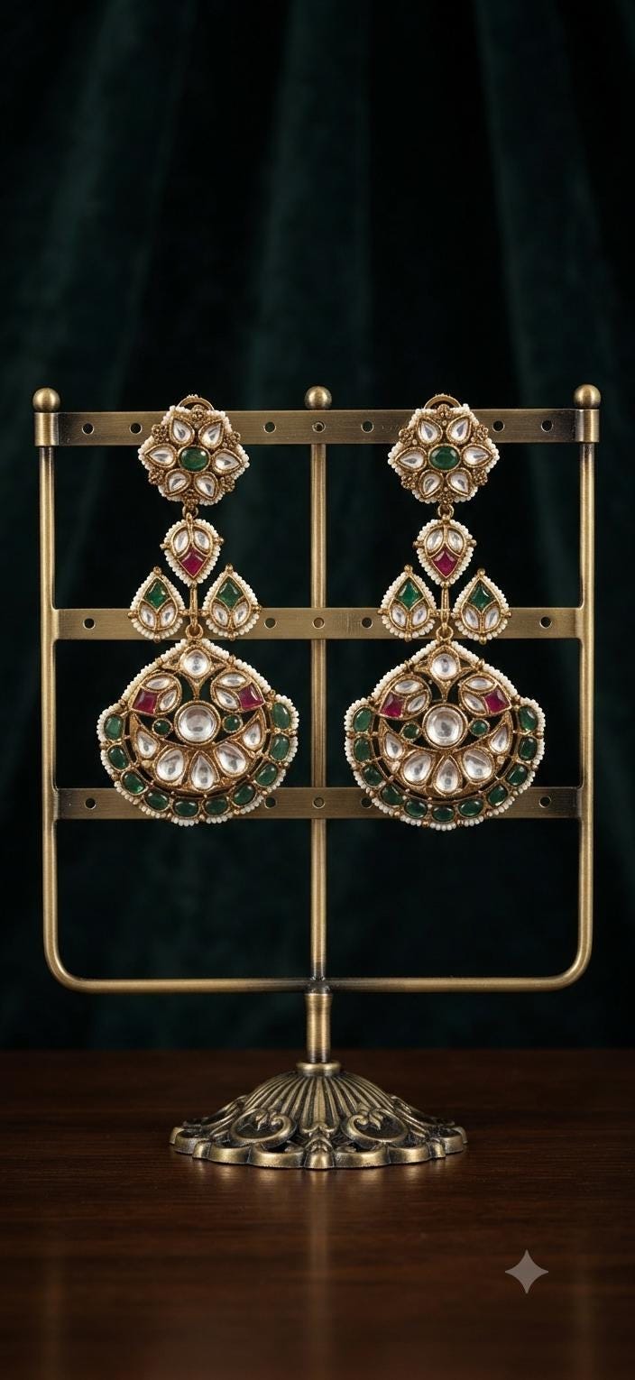 Gold Plated Kundan Chandbali Earrings, Green Stone Statement Earrings