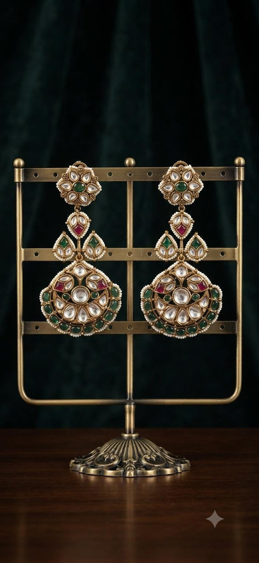 Gold Plated Kundan Chandbali Earrings, Green Stone Statement Earrings