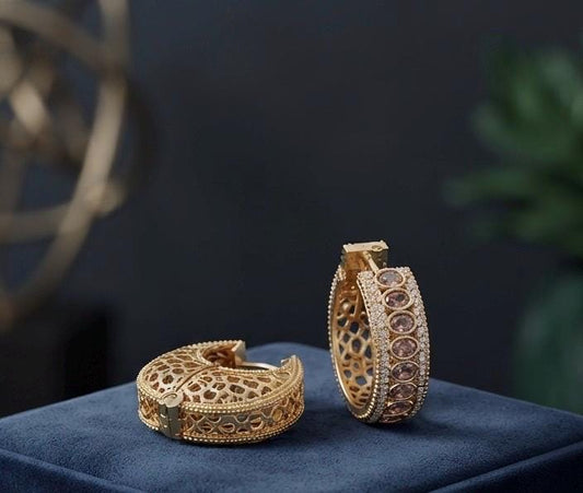 Gold Plated Chunky Earrings, CZ Wide Hoop Earrings, Designer Statement Hoops