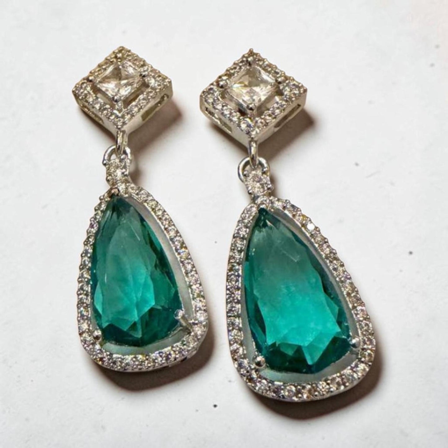 Gold Plated Emerald Green Teardrop Earrings, CZ Halo Drop Earrings