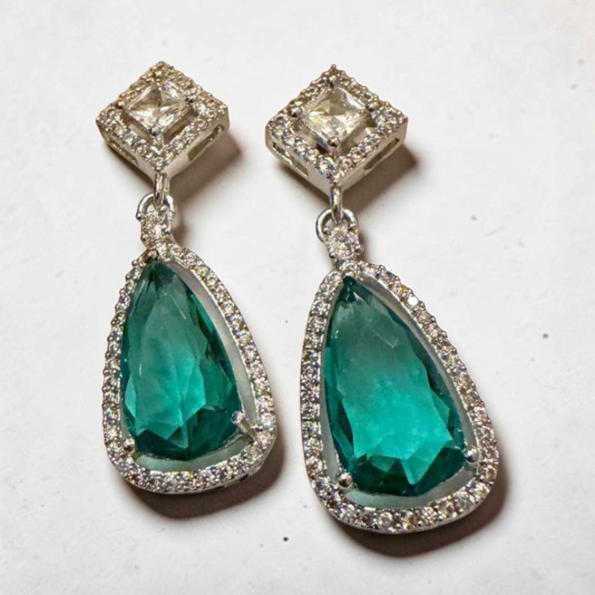 Gold Plated Emerald Green Teardrop Earrings, CZ Halo Drop Earrings
