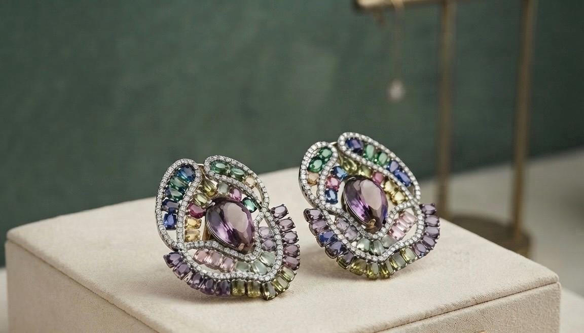 Gold Plated Multicolor Statement Stud Earrings, Peacock Inspired CZ Earrings