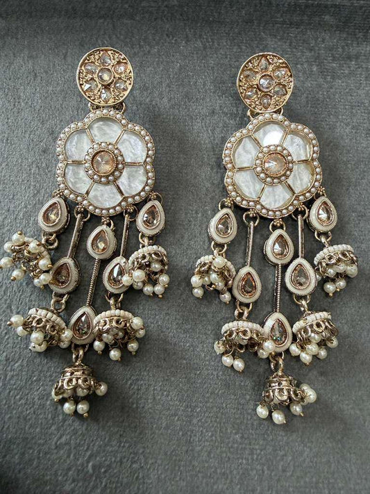Gold Plated Floral Jhumka Earrings, Designer Pearl Statement Earrings, Vintage Bridal