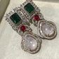 Gold Plated Emerald Green Statement Earrings, Designer Bridal Drop Earrings