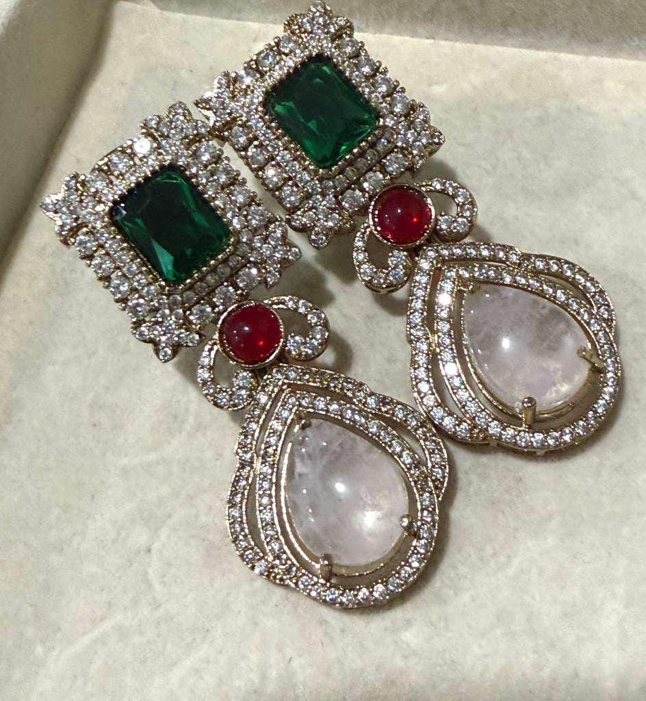 Gold Plated Emerald Green Statement Earrings, Designer Bridal Drop Earrings