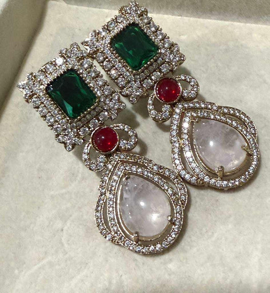 Gold Plated Emerald Green Statement Earrings, Designer Bridal Drop Earrings