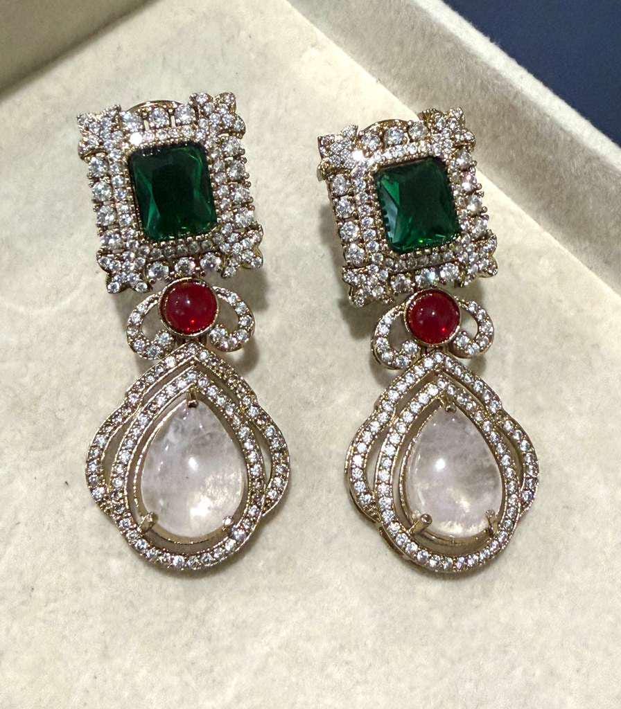 Gold Plated Emerald Green Statement Earrings, Designer Bridal Drop Earrings