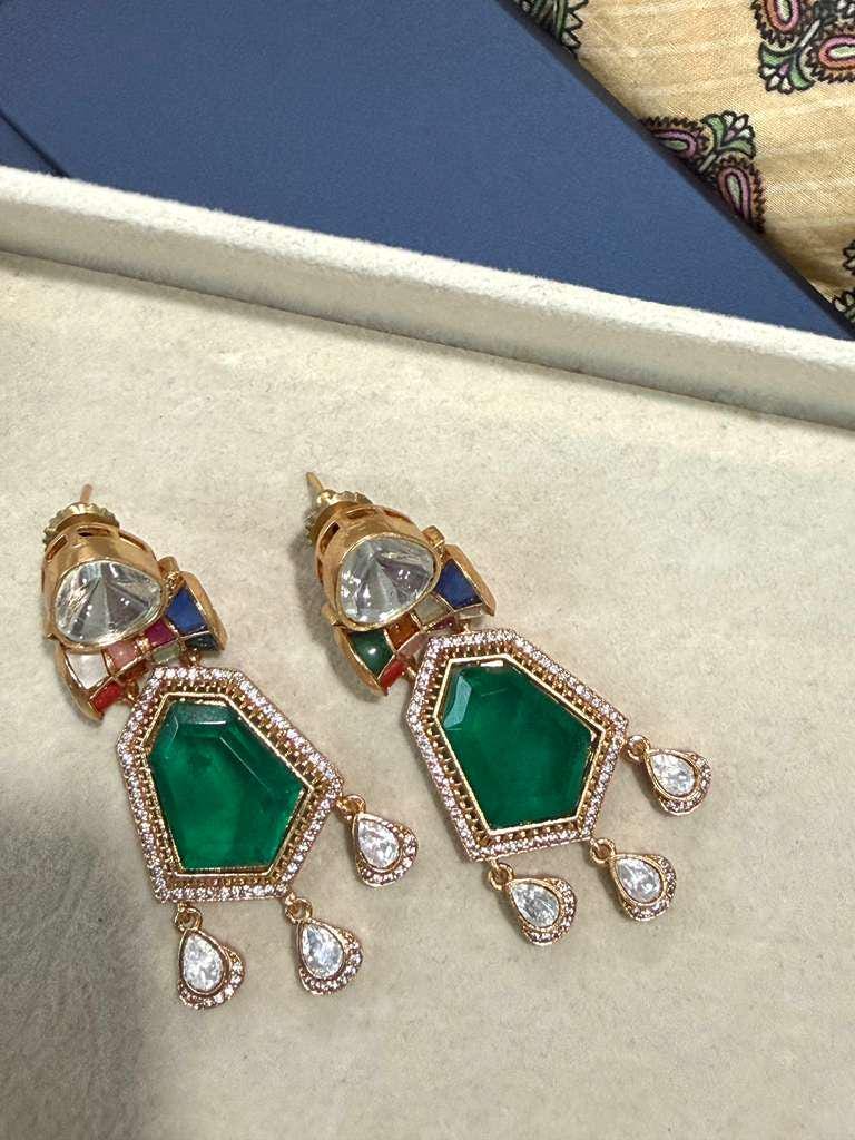 Gold Plated Emerald Green Drop Earrings, Designer Statement Earrings