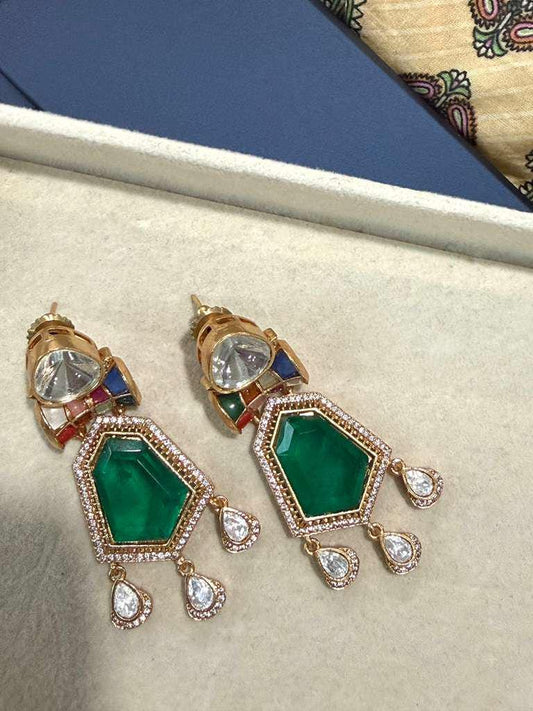 Gold Plated Emerald Green Drop Earrings, Designer Statement Earrings