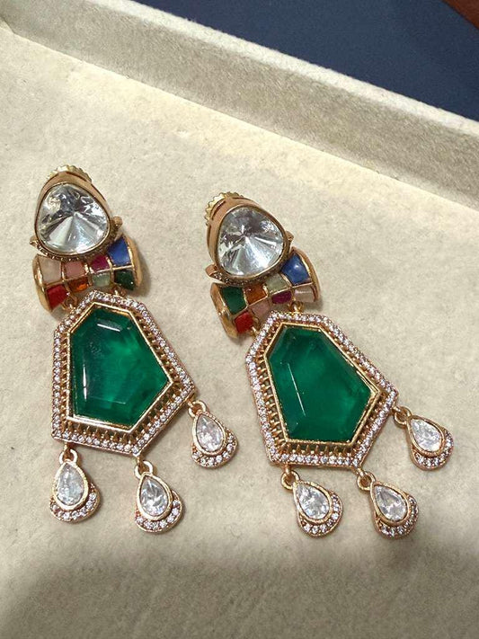 Gold Plated Emerald Green Drop Earrings, Designer Statement Earrings