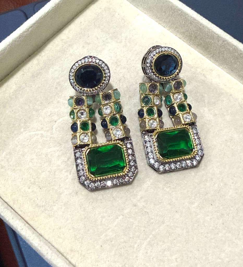 Gold Plated Emerald Green Statement Earrings, Sapphire Blue Drop Earrings