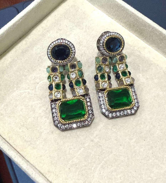 Gold Plated Emerald Green Statement Earrings, Sapphire Blue Drop Earrings