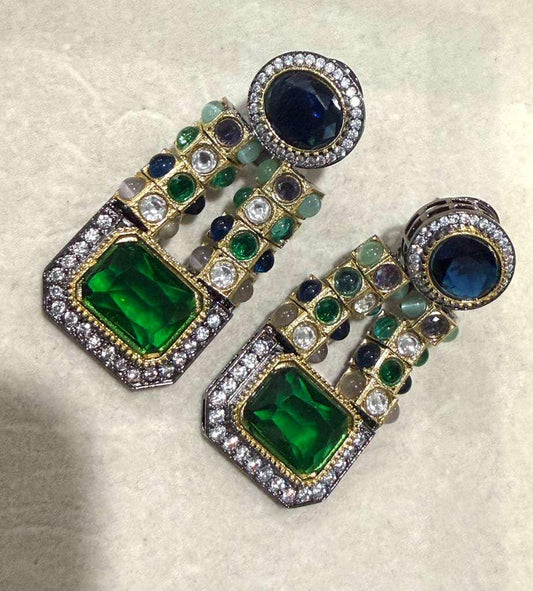 Gold Plated Emerald Green Statement Earrings, Sapphire Blue Drop Earrings