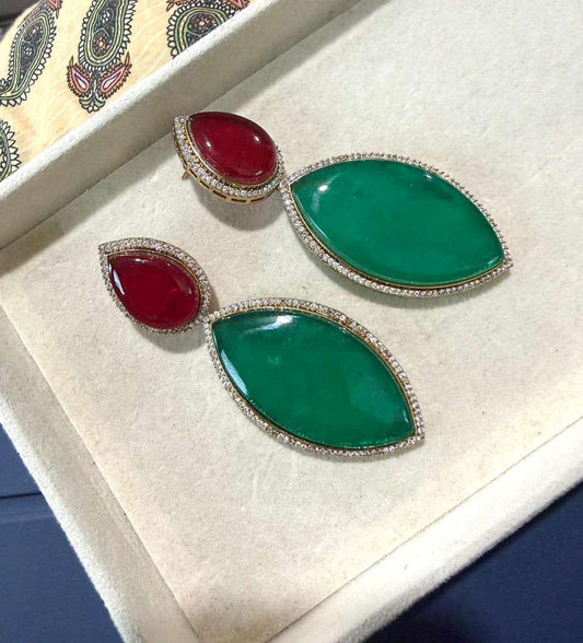 Gold Plated Emerald Green & Ruby Red Statement Earrings, Designer Drop