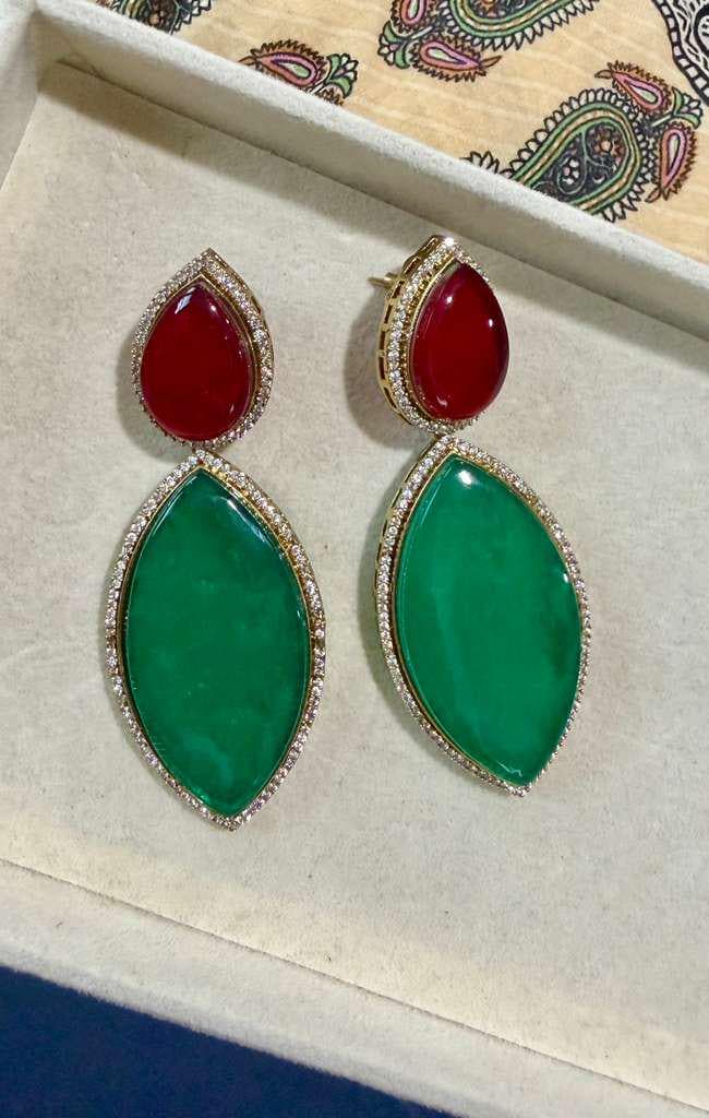Gold Plated Emerald Green & Ruby Red Statement Earrings, Designer Drop