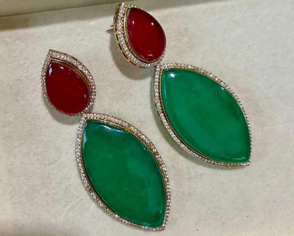 Gold Plated Emerald Green & Ruby Red Statement Earrings, Designer Drop