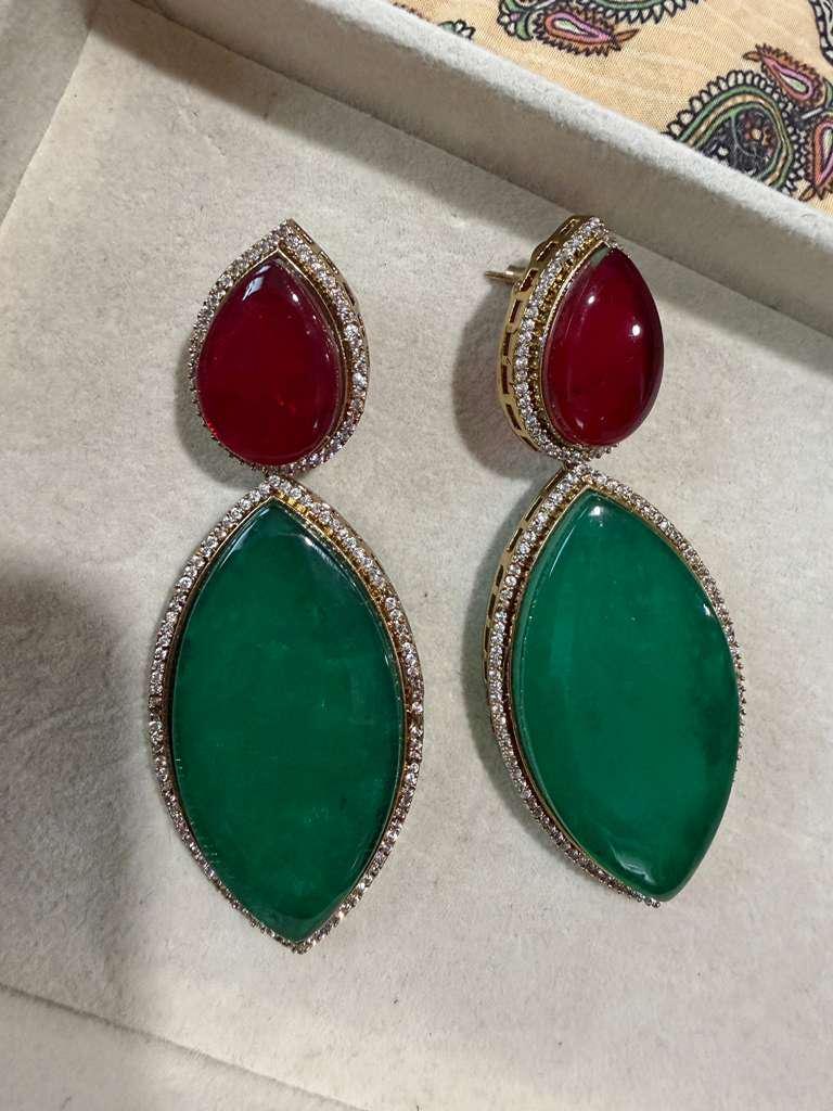 Gold Plated Emerald Green & Ruby Red Statement Earrings, Designer Drop