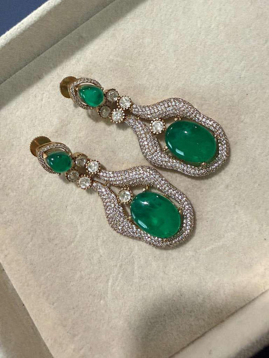 Gold Plated Emerald Green Statement Earrings, CZ Halo Drop Earrings