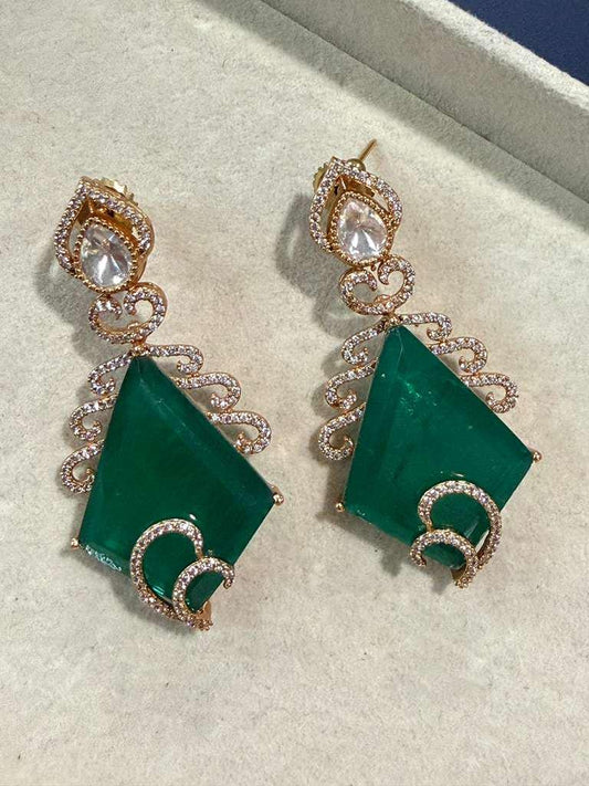 Gold Plated Emerald Green Statement Earrings, Geometric Drop Earrings