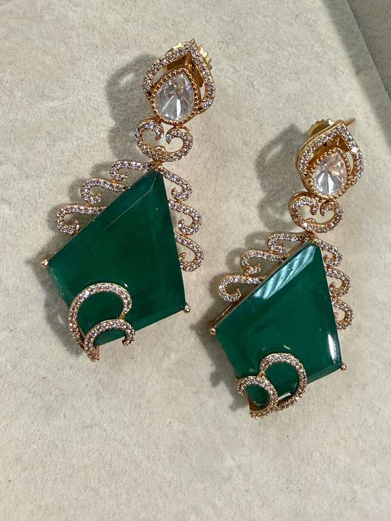 Gold Plated Emerald Green Statement Earrings, Geometric Drop Earrings