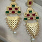 Gold Plated Red & Emerald Green Statement Earrings, Pearl Dangle Earrings