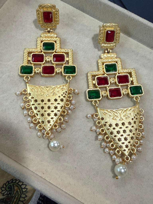 Gold Plated Red & Emerald Green Statement Earrings, Pearl Dangle Earrings