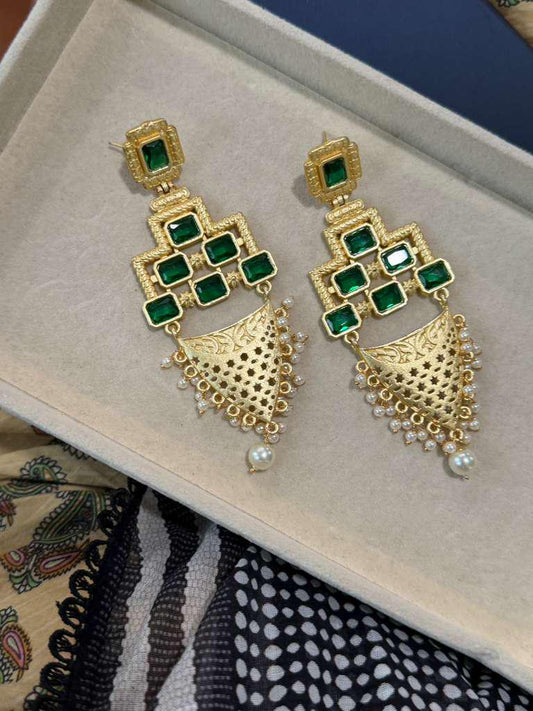 Gold Plated Red & Emerald Green Statement Earrings, Pearl Dangle Earrings